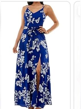 {Premier Amour} Navy Blue Floral Maxi Dress with Side Slit